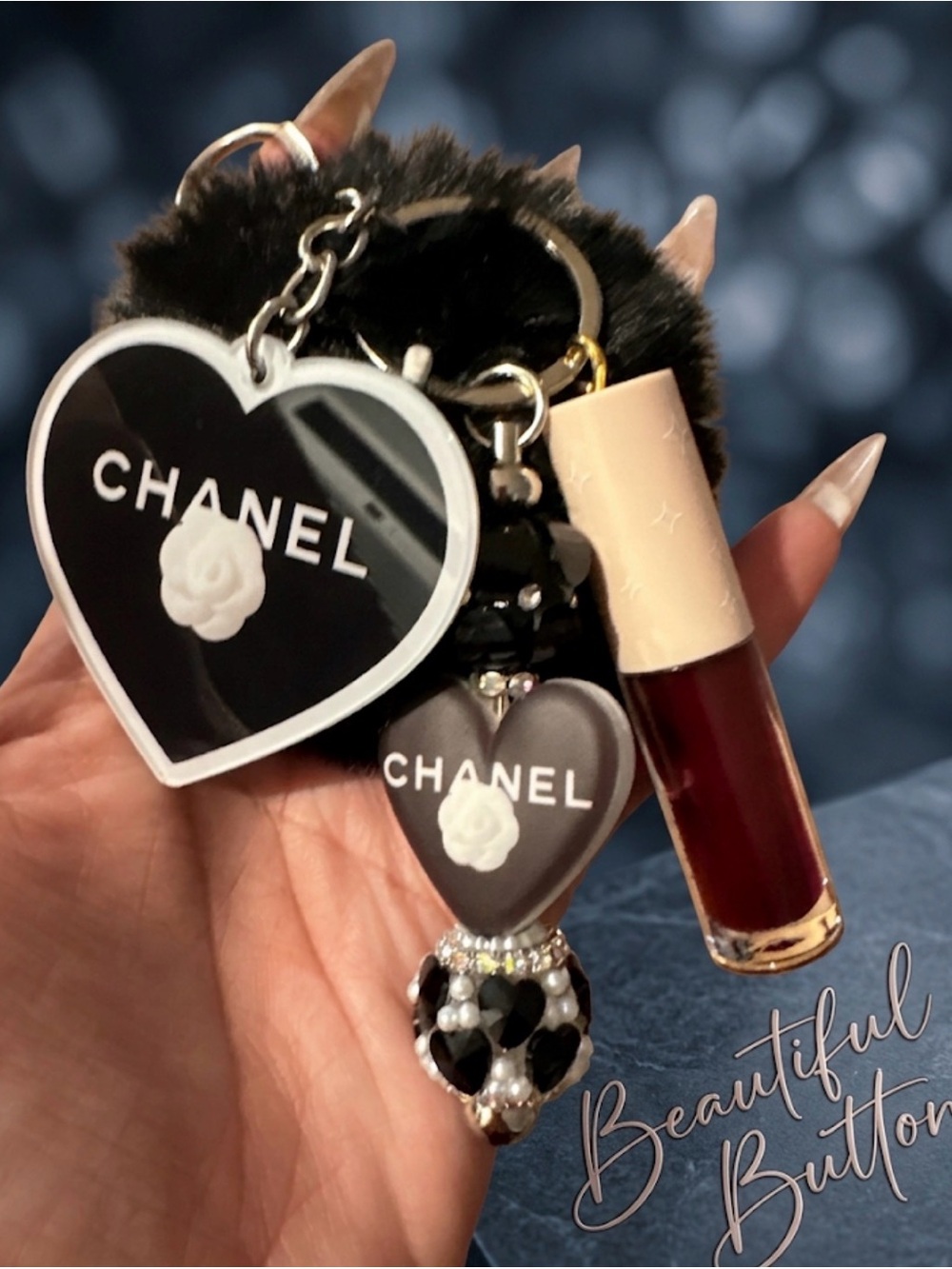 Custom Junk keychain 
 Black Heart Fur Pom Keychain Charm with Camellia